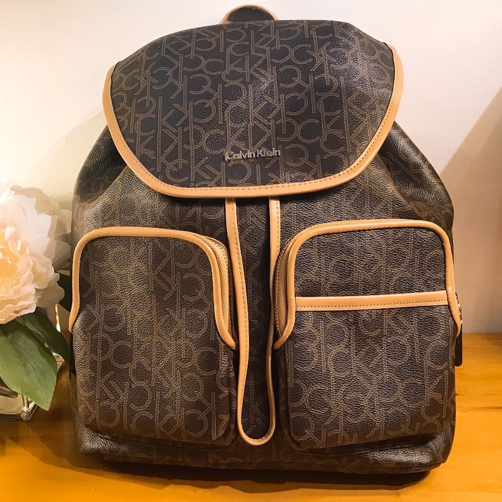 Calvin Klein Womens Dark Brown Monogram CK Backpack